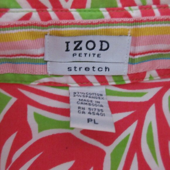 IZOD Stretch Blouse Sz Petite Large Button Front Hawaiian Tropical Print Cruise - Picture 4 of 9